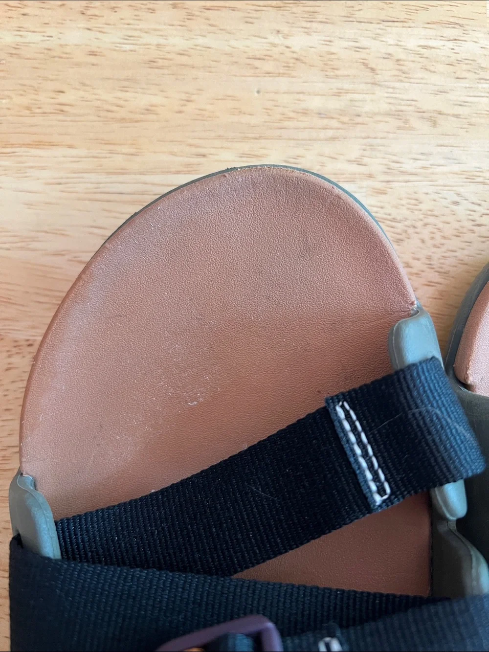 Chaco Brown Footbed Slide Sandals with Black Straps and brown Buckles